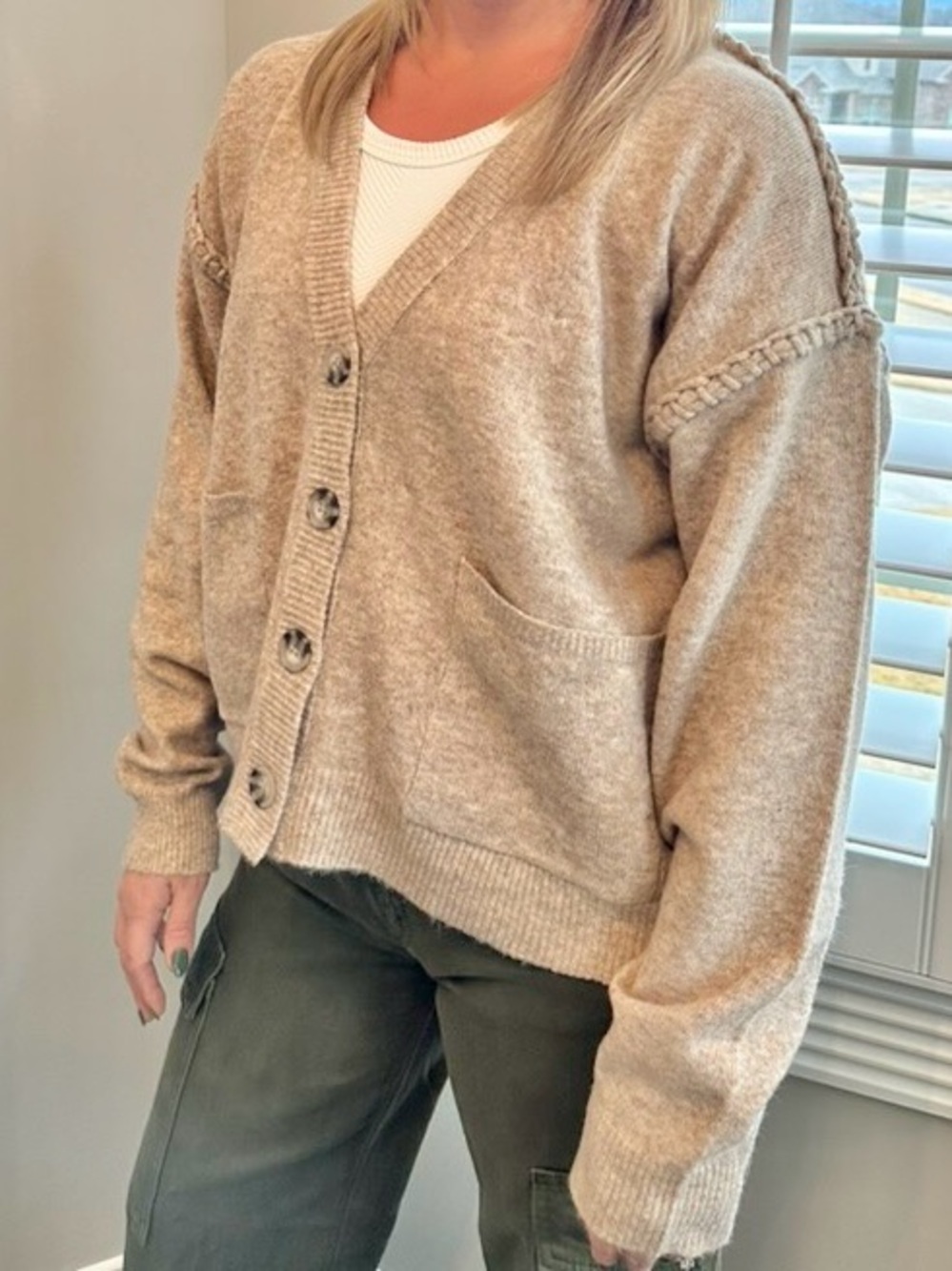 By Together Tan Beige V-Neck Button Cardigan